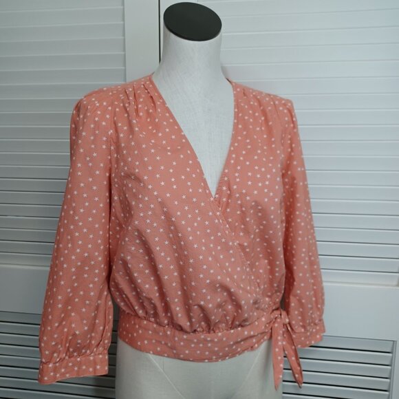 Madewell Wrap Top Star Scatter Coral Wrap Front Cotton Blouse Womens Medium - Picture 13 of 13